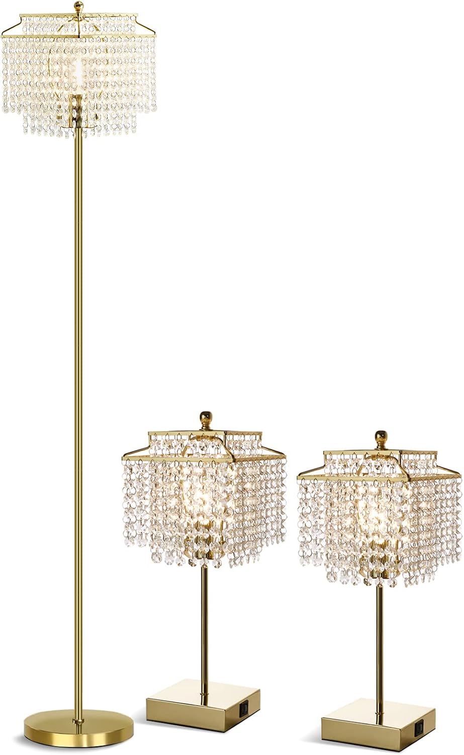 Luvkczc Tables Lamp and Floor Lamp Set, Crystal Table Lamp with USB Ports+Crystal Floor Lamps Set of 2, Morden Lamps for Living Room, Bedroom, Office (Gold)
