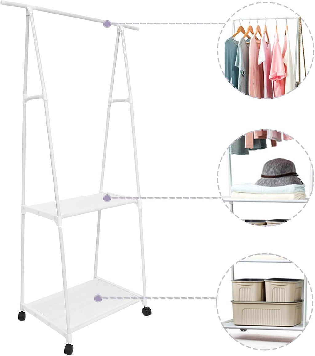 Floor Standing Garment Rack with Wheels Sturdy Clothes Organizer Shelf for Bedroom Storage White Iron Art Multifunctional Hanging Rack for Pants Sweaters Shirts Shoes Bags