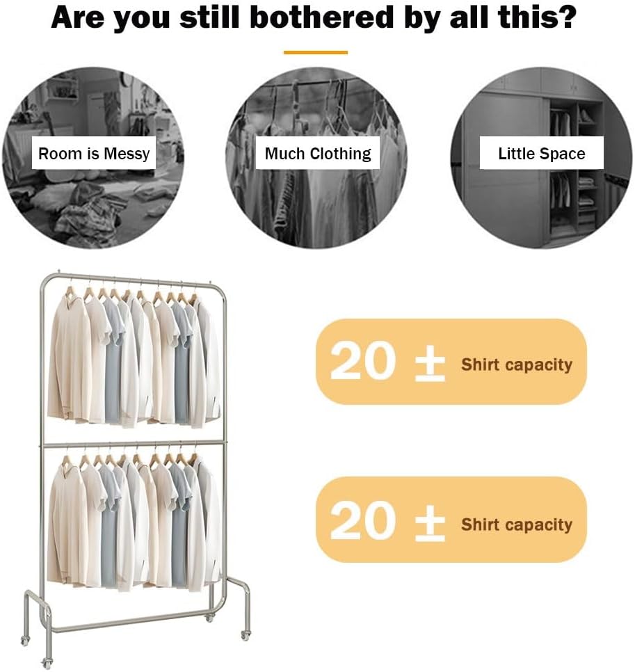 Doubl Rod Clothes Rack with Wheels, Height-adjustable Center Pole, Silver Stainless Steel Garment Rack for Shirts, Coats, Jackets(100 x 40 x 170 cm)