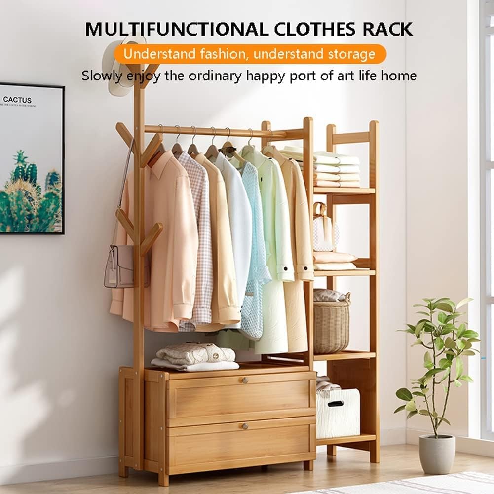 Wooden Coat Stand, Free-Standing Garment Rack, Clothings Organizer, Storage Shoe Rack, 80X30X138CM