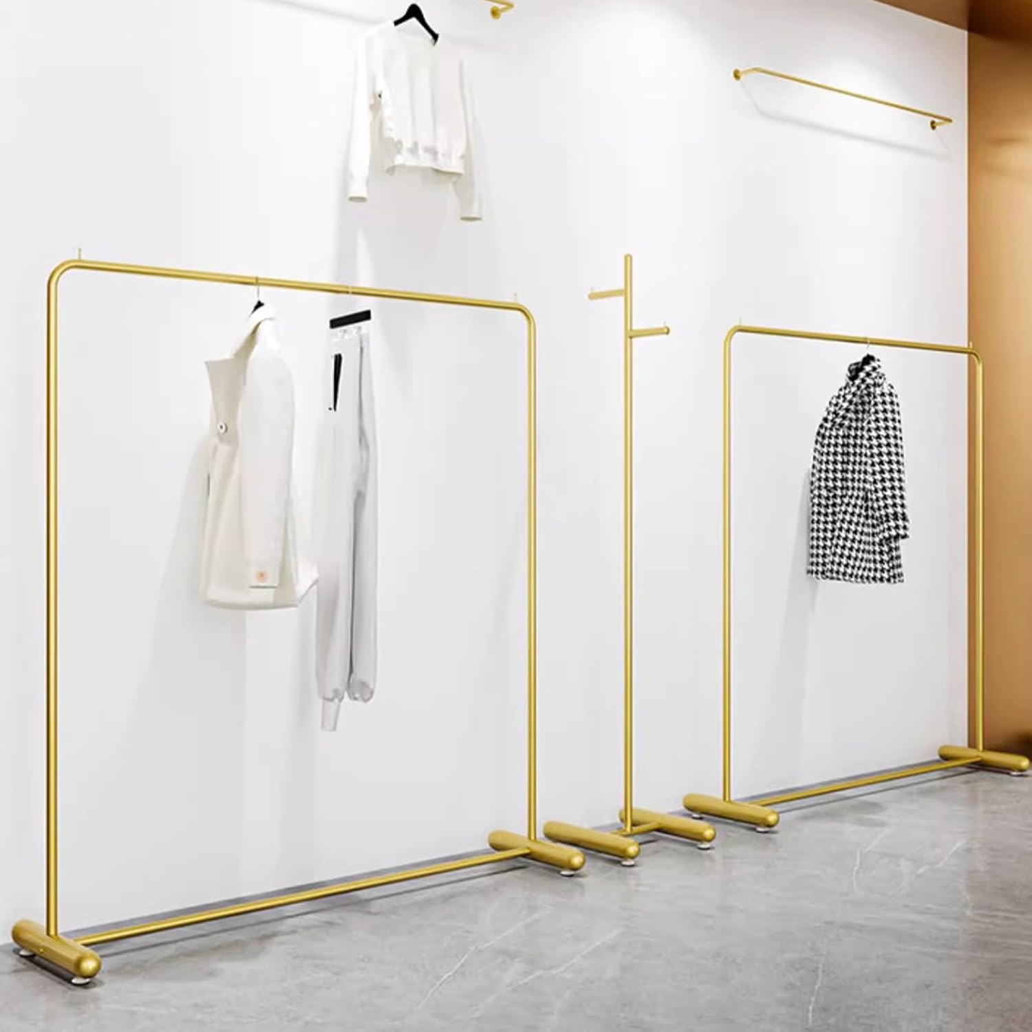 Heavy duty Garment rack Nordic Modern Clothing Rack With T-shaped Base Golden Wrought Iron Clothes Rail For Hanging Clothes Freestanding Coat Rack For Bedrooms Commercial Clothes Display Rack ( 100X4