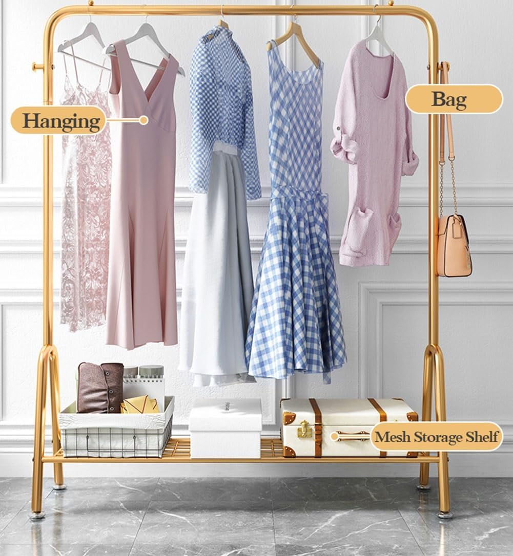 Freestanding Clothing Garment Rack, Clothes Organization for Bedroom, Clothes Rail with Bottom Mesh Storage Shelf, Load Capacity 176lbs(60x33x147cm)