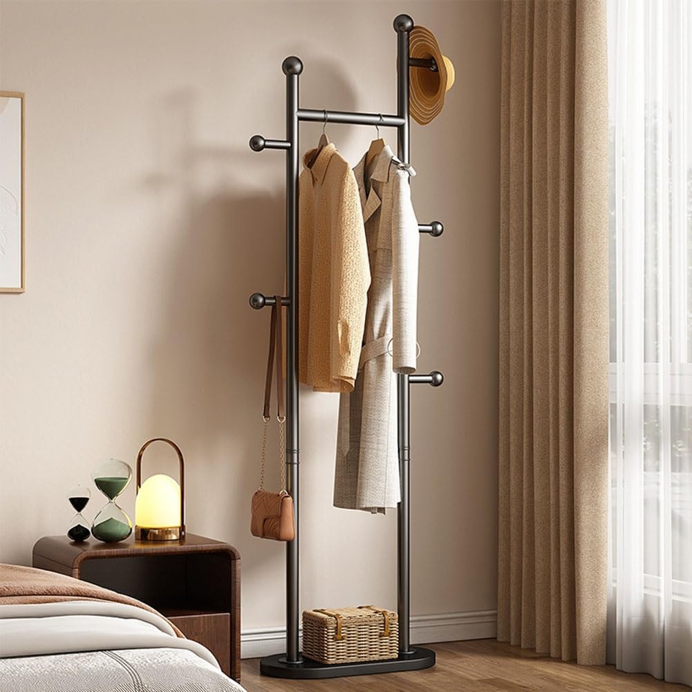 Black Steel Clothes Rail Load 110 LBS, Freestanding Bedroom Garment Rack with 5 Hooks for Coats, Jackets, Shirts, Dress Saving Space(Beige)