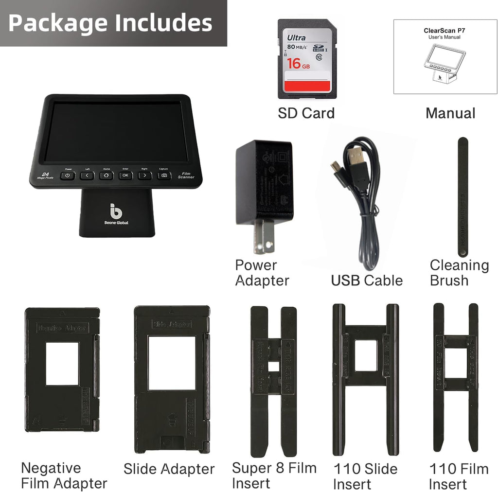 BEONEGLOBAL ClearScan P7 Film Scanner, 7' LCD 24MP Slide & Negative Scanner for 35mm/110/126/Super 8/8mm Film, Converts Old Slides and Negatives to JPEG, No Computer Needed, SD Card Included