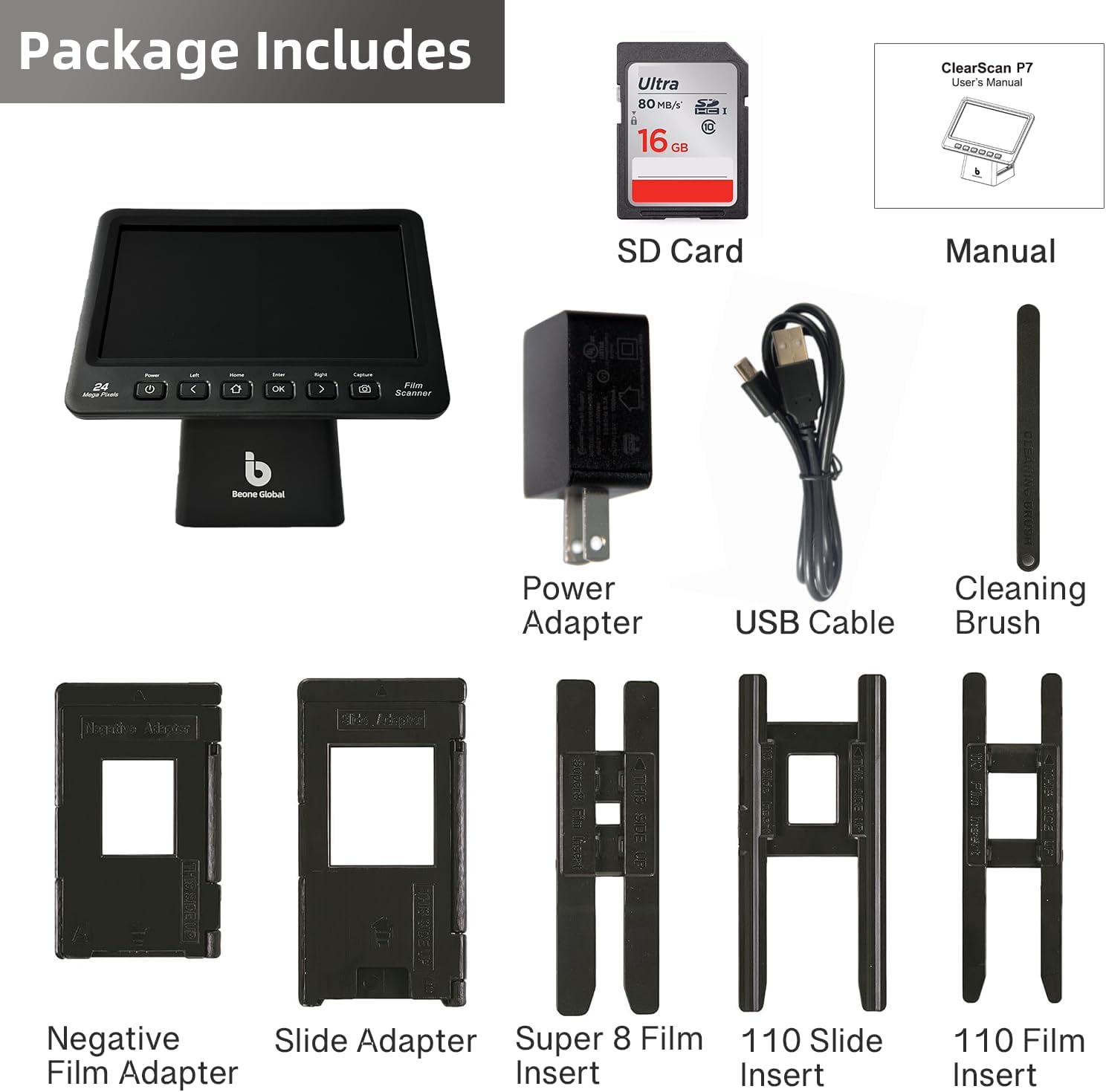 BEONEGLOBAL ClearScan P7 Film Scanner, 7' LCD 24MP Slide & Negative Scanner for 35mm/110/126/Super 8/8mm Film, Converts Old Slides and Negatives to JPEG, No Computer Needed, SD Card Included