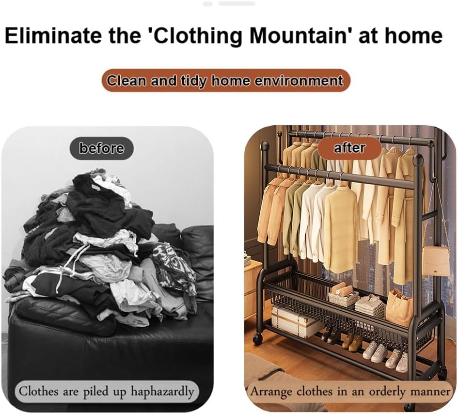 Freestanding Multi-functional Metal Garment Rack on Wheels, Portable Clothing Rack with Shelf and Hooks, for Coats, Shirts, Dress, Used in Cloakroom, Bedroom