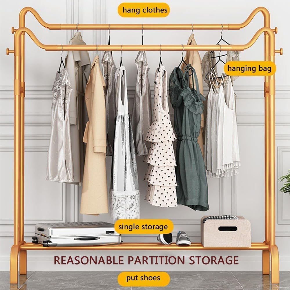 Clothes Rack Freestanding Double-Rail Garment Rack Multifunctional Bedroom,Minimalist Metal for Hanging Garment,Coat Rail with Bottom Rack for Coats, Skirts, Shirts, Sweaters