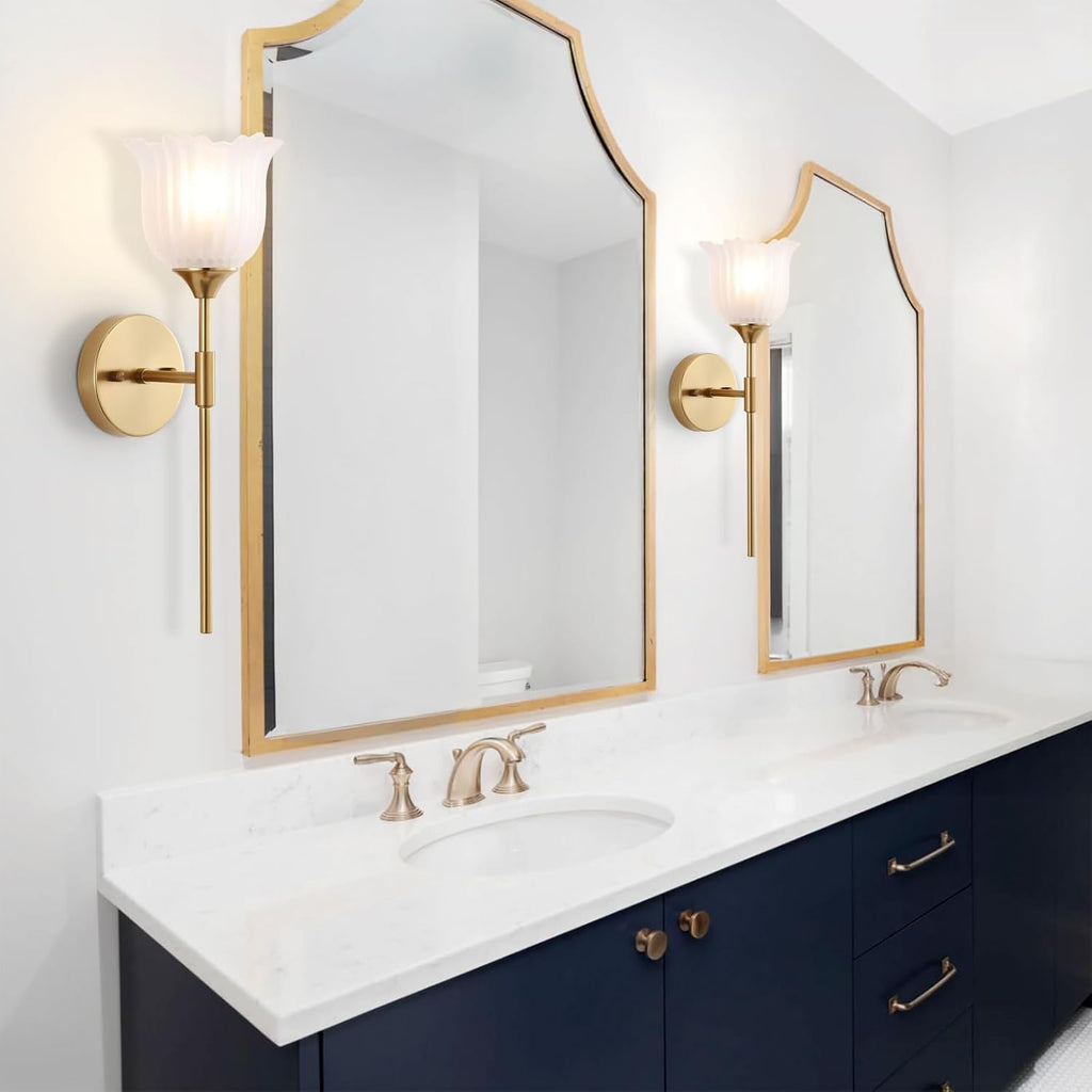 BYOLIIMA Gold Wall Sconce Set of 2 with Frosted Glass Shades Modern Mid Century Bathroom Vanity Wall Light Fixtures Industrial Brushed Brass Wall Lamp for Bedroom Mirror Living Room Restaurant