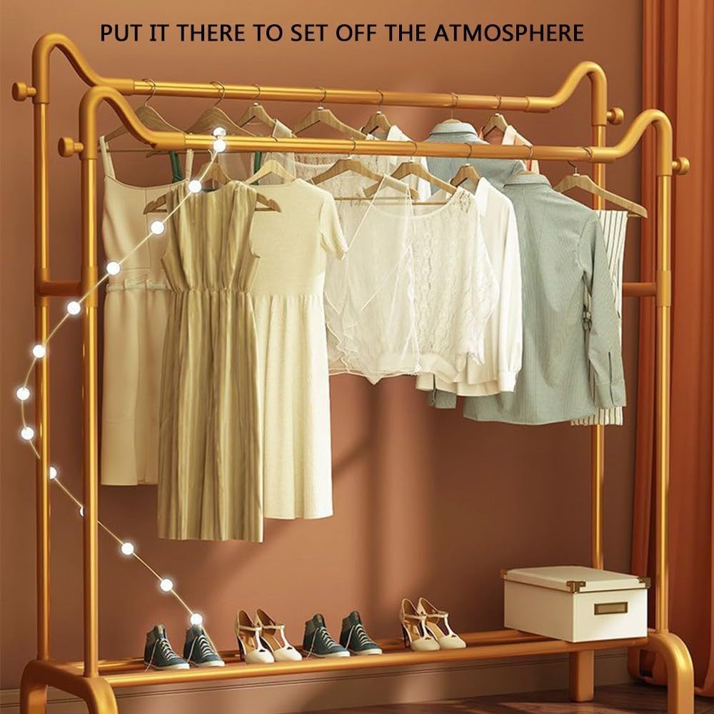 Clothes Rack Freestanding Double-Rail Garment Rack Multifunctional Bedroom,Minimalist Metal for Hanging Garment,Coat Rail with Bottom Rack for Coats, Skirts, Shirts, Sweaters