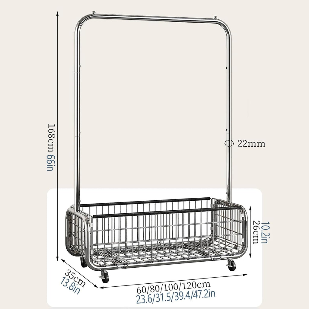 Clothes Rack With Storage Basket,Garment Racks With Wheel,Large Metal Rolling Clothing Racks For Hanging Clothes,Shirts Jeans And Coats(White,60cm/23.6in)
