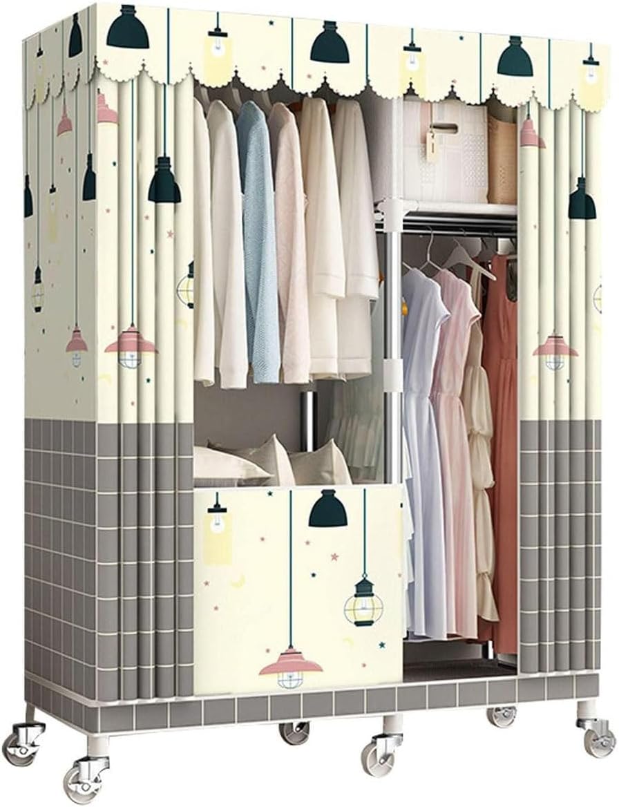 Rolling Garment Rack With Cover And Wheels Metal Clothing Rack For Hanging Clothes Freestanding Wardrobe Closet With 2 Shelves & 2 Hanging Rods For Bedroom (Color : A, Size : 102x45x170cm)