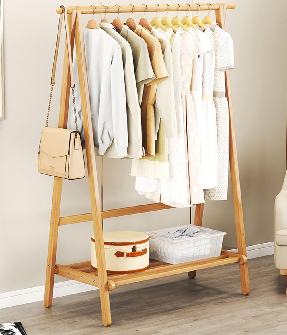 Bamboo Clothing Garment Rack Freestanding, Clothes Organization for Bedroom, Kids Room, Clothes Rail with 2 Shelves, Closet Display Rack(48x41x145cm)