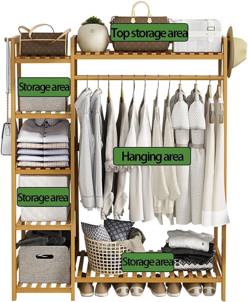 Bamboo Freestanding Clothes Rail with Top Shelf Hanging Rod Shoe Rack Open Wardrobe Closet for Bedroom and Hallway Storage