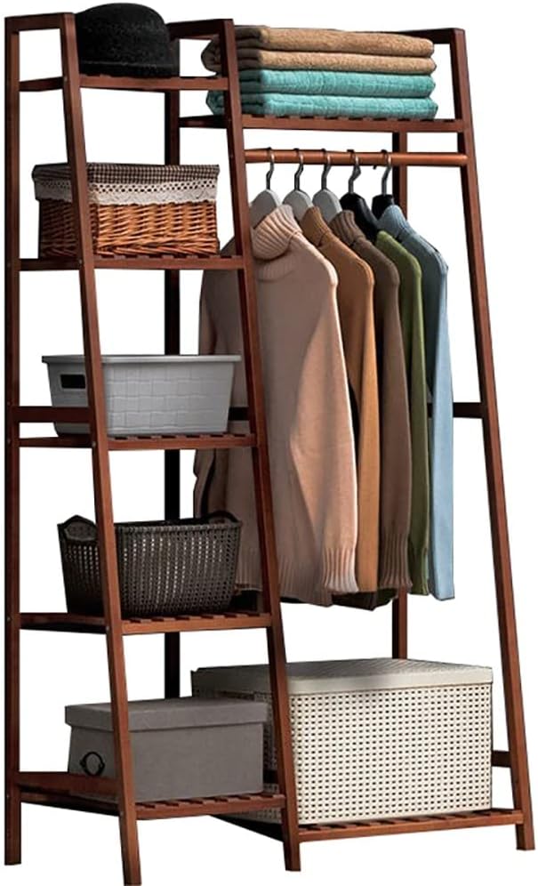 Bamboo Coat Rack with 7 Shelves and Hanging Rod Freestanding Garment Rack for Bedroom Closet Max Load 220lbs