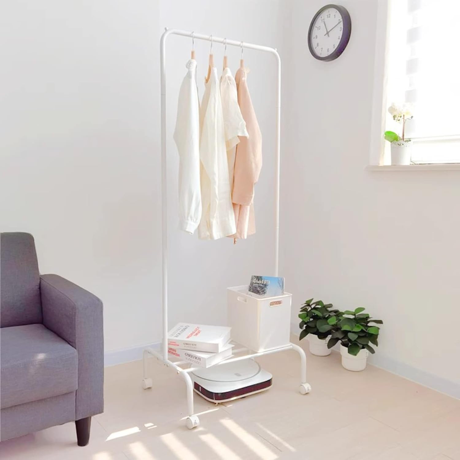 Heavy Duty Coat Rack, Garment Rack Portable Clothing Rack with Locking Wheels, Metal Clothes Rail, Freestanding Coat Rack with Shelves, Space Saving Clothes Organizer for Living Room (White)