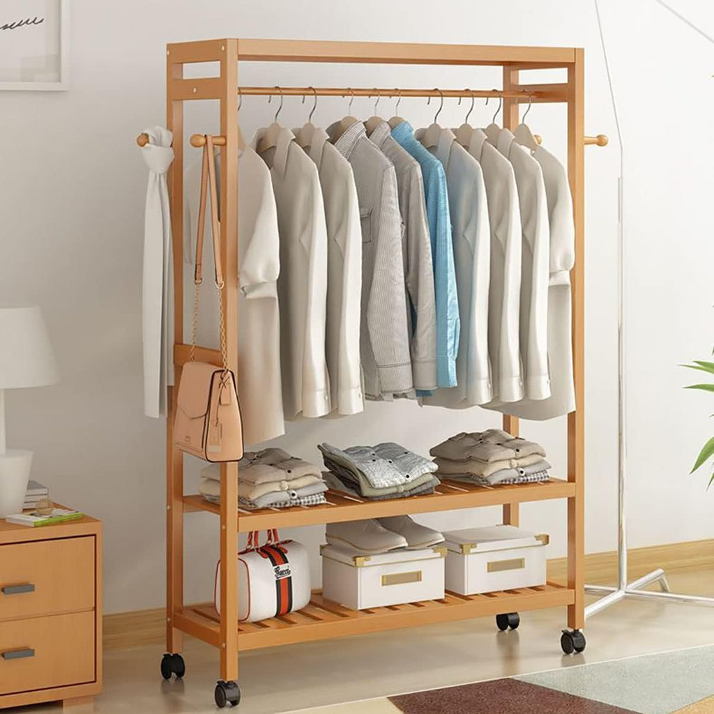 Garment Rail Shoe Bench Coat Stand Rack Hanger Wooden Coat Rack Freestanding Garment Rack With 3 Storage Shelves And 4 Hooks, Coat Rack With 360° Wheels For Entryway, Hallway, Bedroom And L