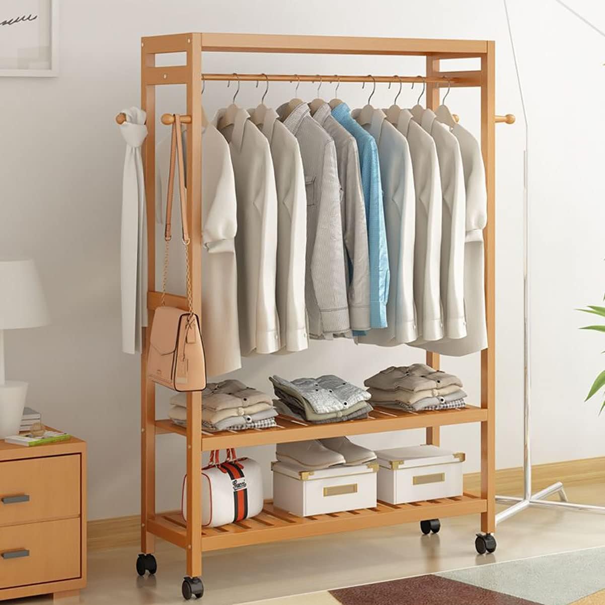 Generic Garment Rail Shoe Bench Coat Stand Rack Hanger Wooden Coat Rack Freestanding Garment Rack With 3 Storage Shelves And 4 Hooks, Coat Rack With 360° Whee