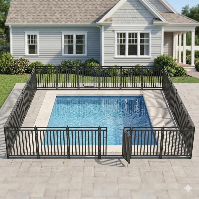 Metal Swimming Pool Fence 55ft (L) × 32in (H), 21 Panels & 3 Gates, In-Ground Pool Safety Fence with Reinforced Stakes, for Patios & Gardens, Black-Silver