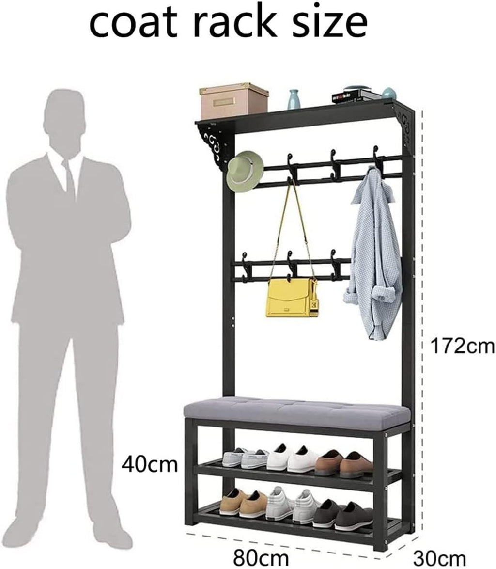 Generic Exquisite Clothes Rail Rack Freestanding Garment Rack with 8 Hooks Coat Rack with Shoe Shelf Bench Industrial Hat Handbag Hanger for Narrow Hallway and Bedroom (Color : White grey, Size : 80