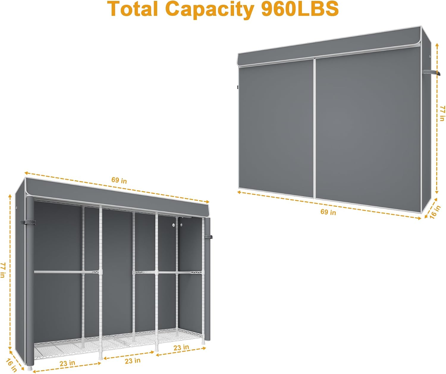 ULIFHOME E14C Pro Heavy Duty Closet Organizer System，Freestanding Clothing Racks for Hanging Clothes，Adjustable Garment Rack 69' W × 16' D × 77' H Hold 960 lbs，White Rack with Grey Dustproof Cover