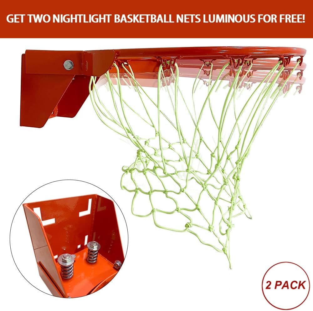THUNDERBAY 18 inch Standard Double Spring Flex Reinforced Wall Mounted Basketball Rim, Two Nylon Nets Include One Nightlight Basketball Net