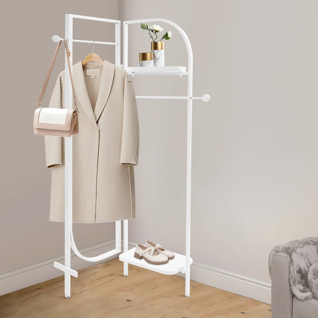 Clothes Display Stand, Metal Heavy Duty Freestanding Garment Rack Foldable Clothing Shelf Clothes Rack for Hanging Clothes Coats Skirts Shirts Sweaters (White)