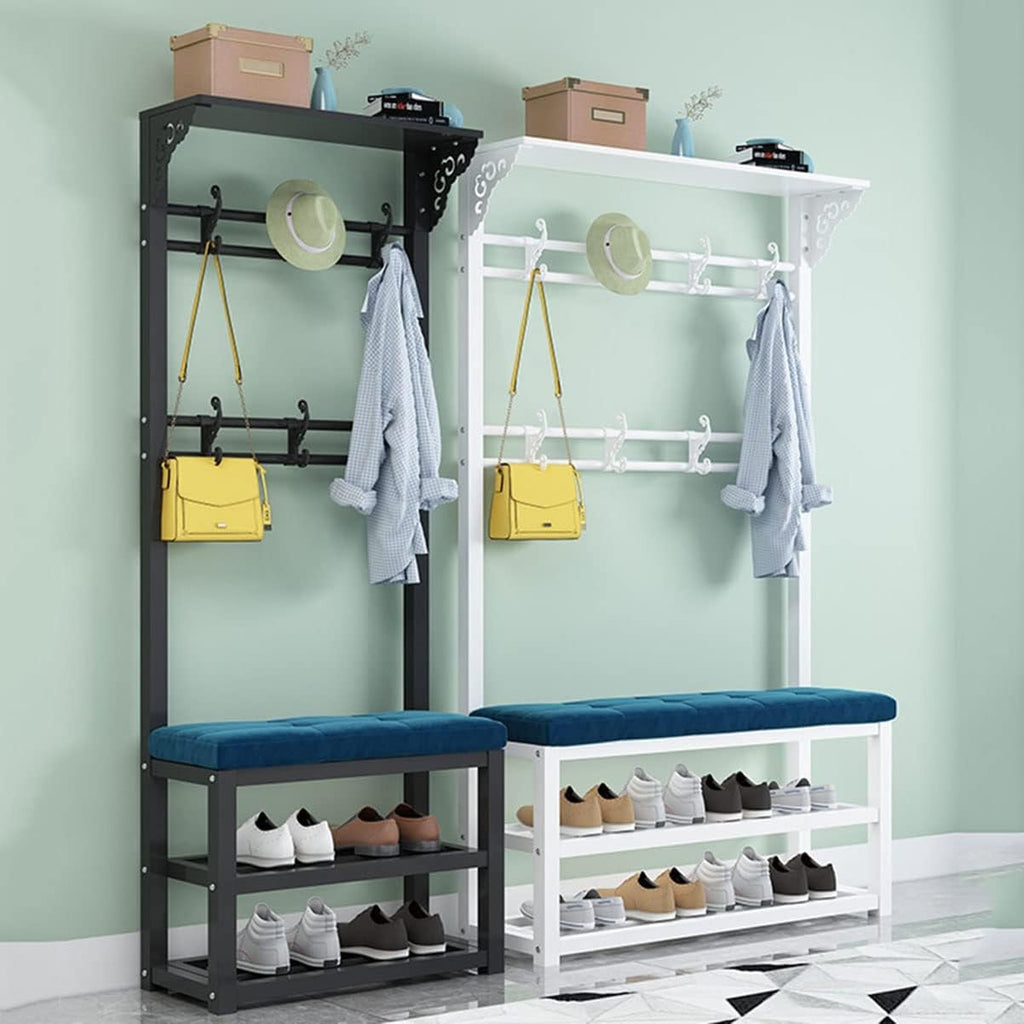 Exquisite Clothes Rail Rack Freestanding Garment Rack with 8 Hooks Coat Rack with Shoe Shelf Bench Industrial Hat Handbag Hanger for Narrow Hallway and Bedroom (Color : White grey, Size : 80