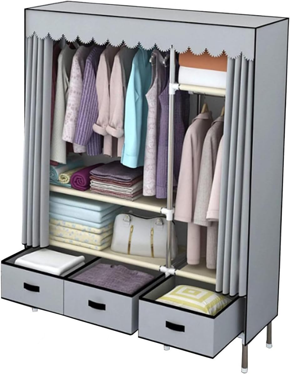 Garment Rack Heavy Duty Clothes Rack with Cover Freestanding Metal Clothing Rack Portable Closet Wardrobe with 2 Hanging Rods and 3 Drawers for Bedroom (Color : Gray A, Size : 125x45x168cm)