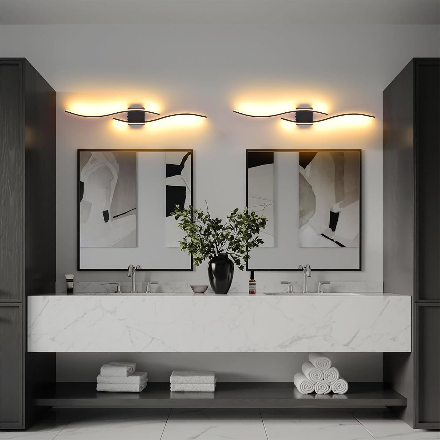 Battery Operated Wall Sconces Set Of Two, 3000K-6500K 39.4 inch black LED dimmable wireless wall sconce with remote control, USB rechargeable wall lights for Living Room Bedroom Hallway Background