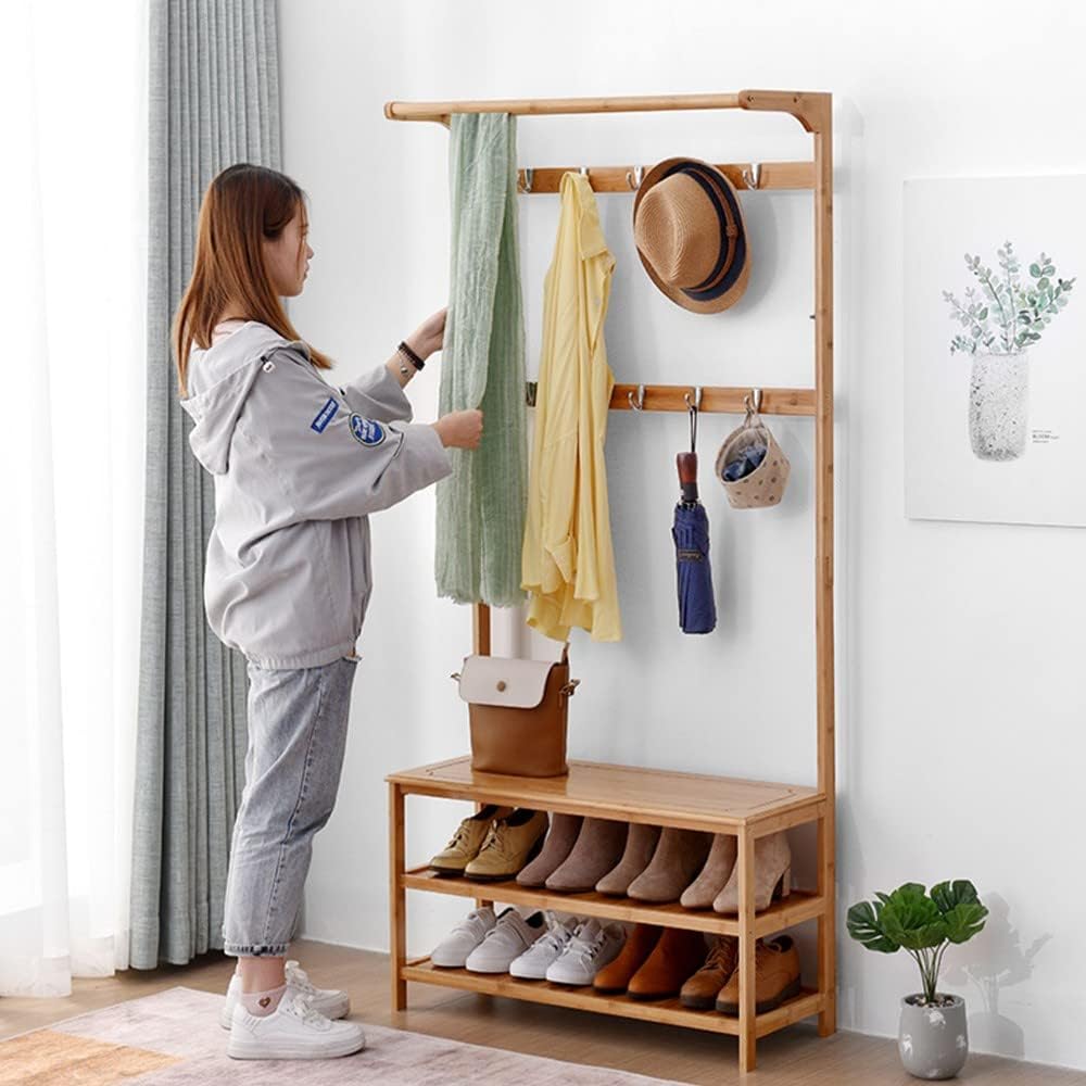 Generic Clothes Rack with Shoe Stand, Multi-Purpose Freestanding Garment Rack with Double Rail and Bench, for Boxes Shoes Boots, for Entryway Hallway/a/60Cm