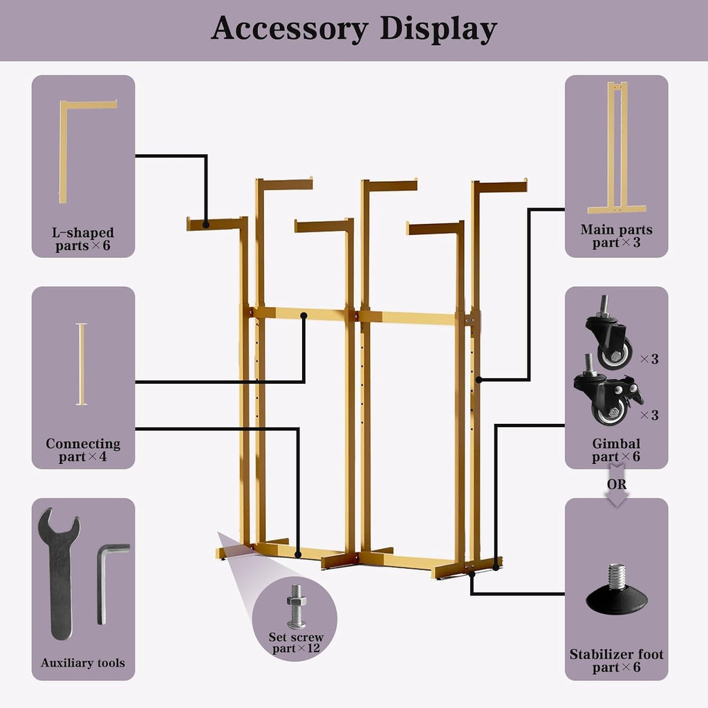 Clothing Racks - Metal Garment Racks for Retail Display Hanging Clothes, Heavy Duty Gold Commercial Clothing Display Rack with Wheels, FreeStanding (Black