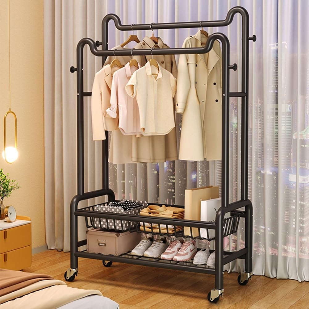 Multifunctional Bedroom Garment Rack on Wheels, Freestanding Clothing Organizer Rack, with Bottom Shelf and Hooks, for Coats, Shirts, Dress