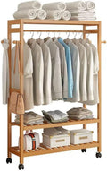 Generic Garment Rail Shoe Bench Coat Stand Rack Hanger Wooden Coat Rack Freestanding Garment Rack With 3 Storage Shelves And 4 Hooks, Coat Rack With 360° Whee