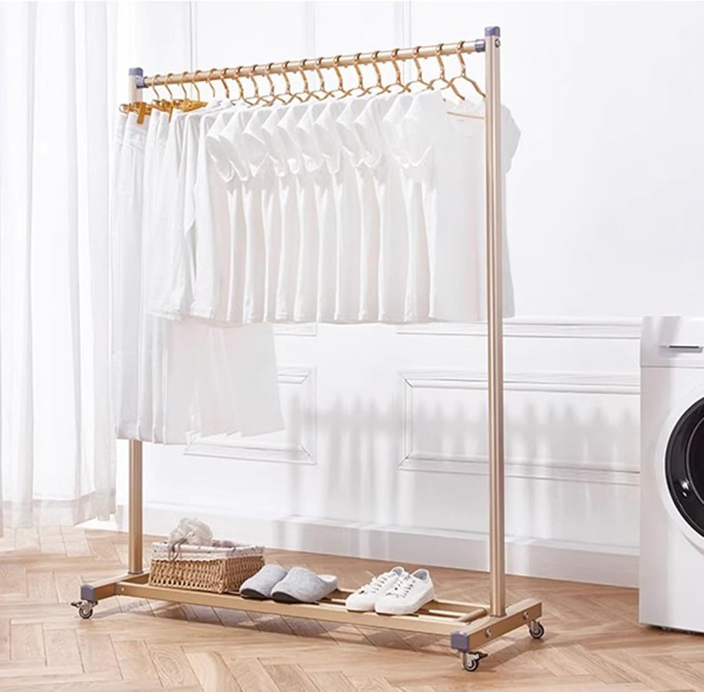 Heavy Duty Garment Rack Single Rail Clothing Rack On Wheels Aluminum Alloy Clothes Rail with Shelves Freestanding Coat Rack for Bedroom and Laundry Room Portable (Gold 90X45X157CM)