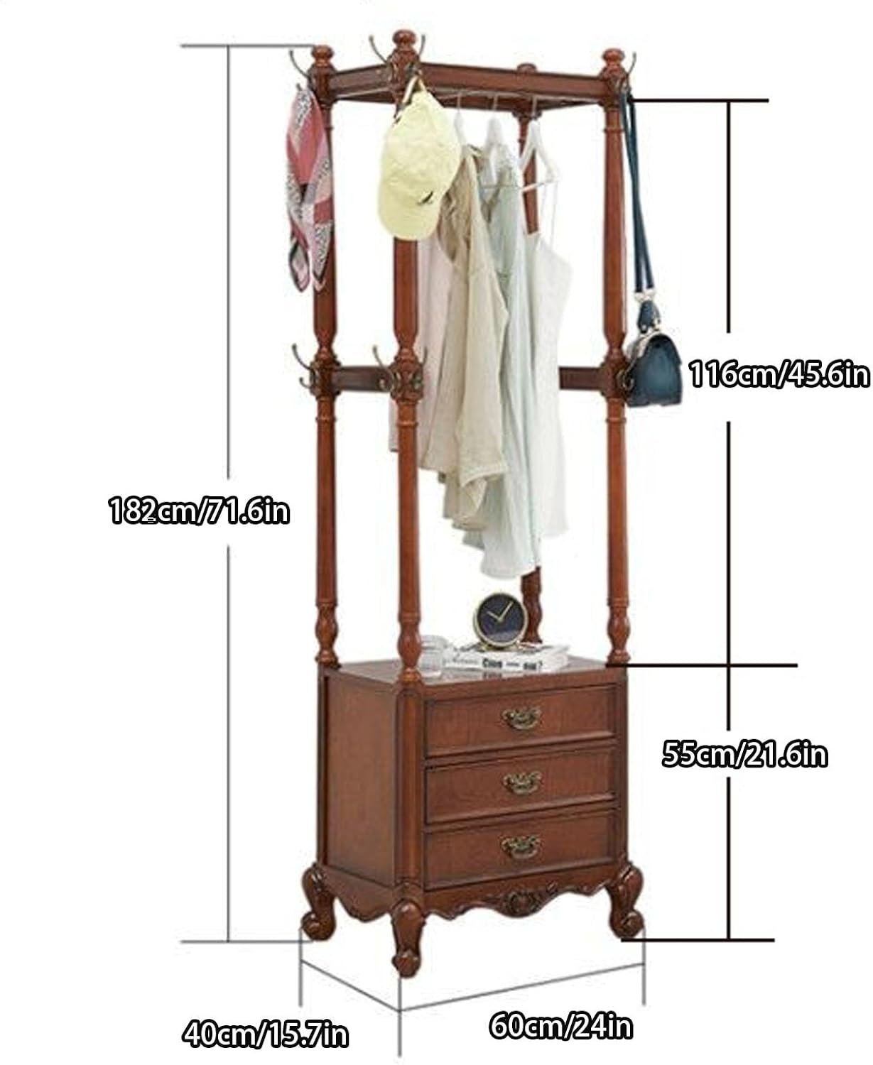 Solid Wood Clothing Racks, with 2 Drawers, Clothes Rack, Hat Storage Stand, Floor-standing Garment Racks, for Hanging Shirts, Jackets, Coat(Natural)