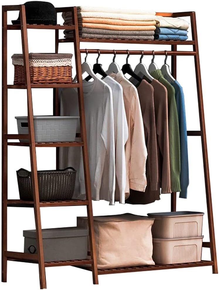 Bamboo Coat Rack with 7 Shelves and Top Hanging Rod Free Standing Garment Rack for Bedroom Closet Max Load 220lbs