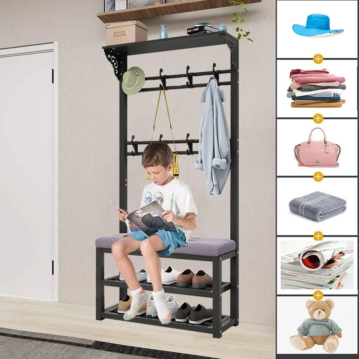 Exquisite Clothes Rail Rack Coat Rack with Shoe Shelf Bench, Freestanding Garment Rack with 8 Hooks Industrial Hat Handbag Hanger for Narrow Hallway, Bedroom (Color : WHITE, Size : 80x30x172