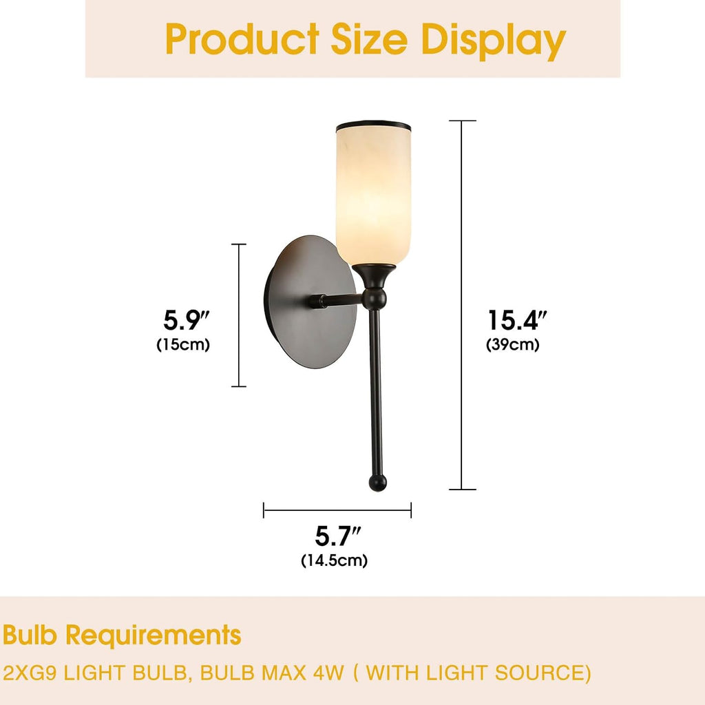 Alabaster Wall Sconce Set of Two, 15.4inch Natural Marble Lampshade Wall Sconce, Hardwired Sconce LED Modern Wall Lamp for Bedroom, Stairs, Living Room, Bedside, Hallway Black
