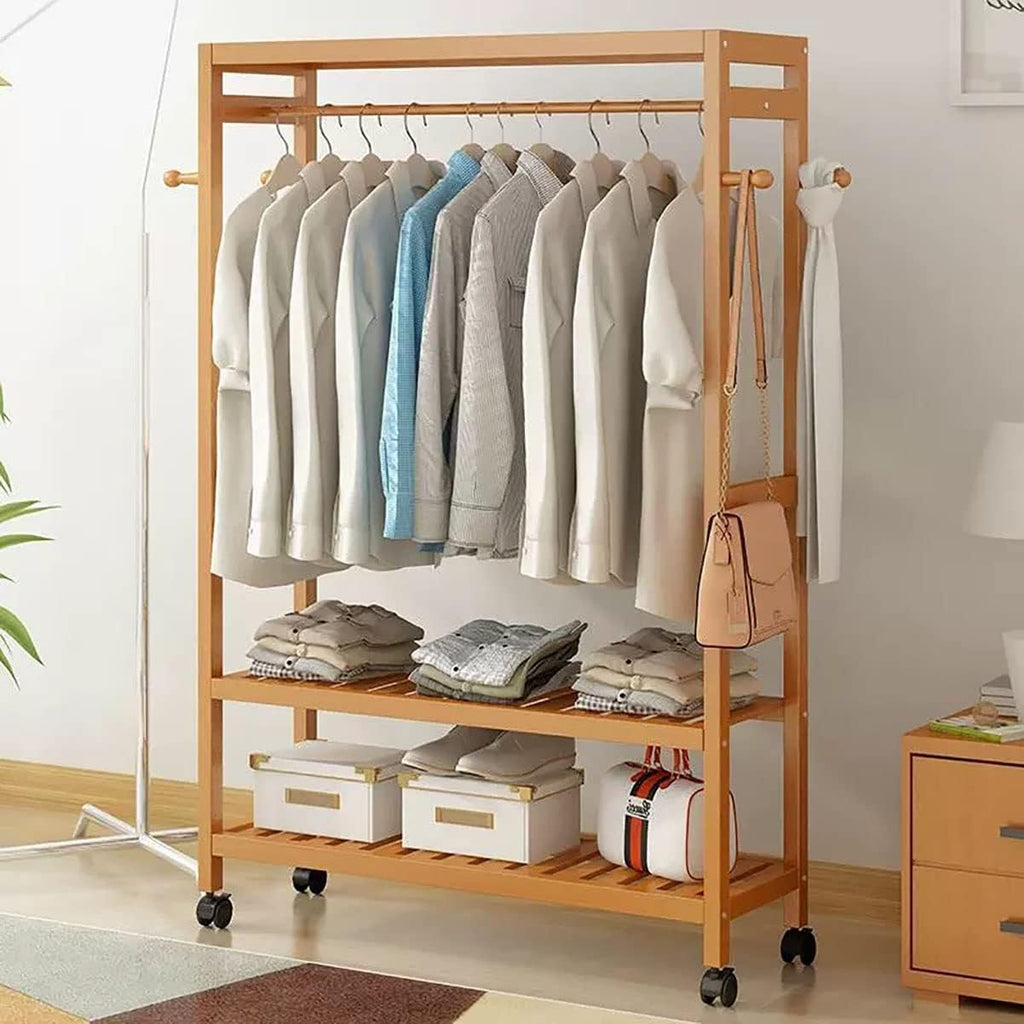 Garment Rail Shoe Bench Coat Stand Rack Hanger Wooden Coat Rack Freestanding Garment Rack With 3 Storage Shelves And 4 Hooks, Coat Rack With 360° Wheels For Entryway, Hallway, Bedroom And L
