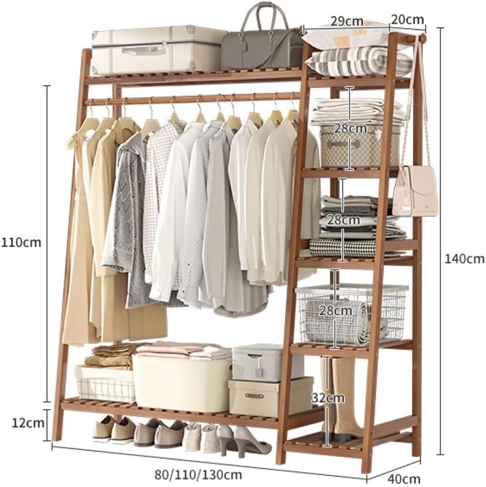 Bamboo Freestanding Clothes Rail with Top Shelf Hanging Rod Shoe Rack Open Wardrobe Closet for Bedroom and Hallway Storage