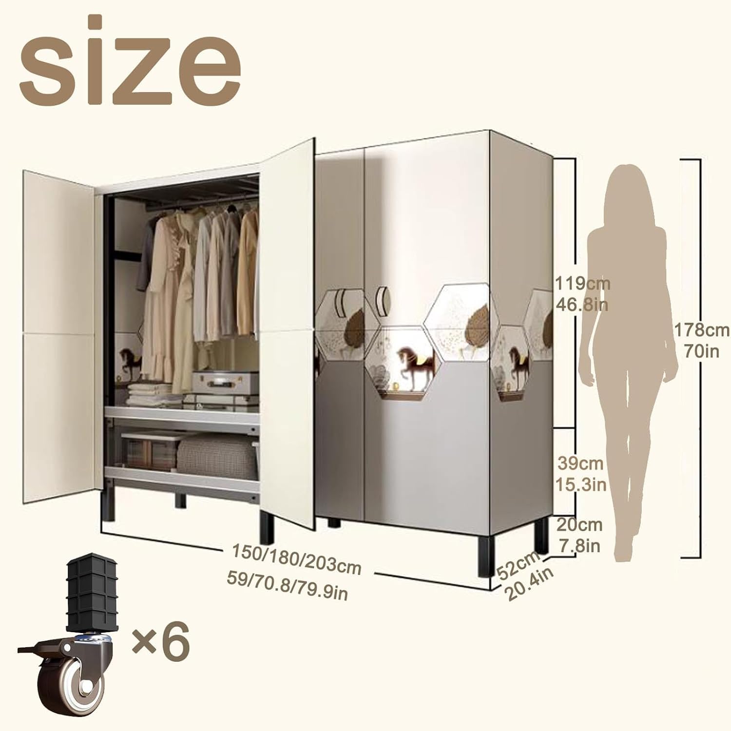 Foldable Portable Closet - Heavy Duty Wardrobe Clothes Garment Rack, Installation-free Door-opening Bedroom Cloth Wardrobe, Freestanding Metal Clothing Rack With Cover, Easy Assembly ( Color : B , Siz