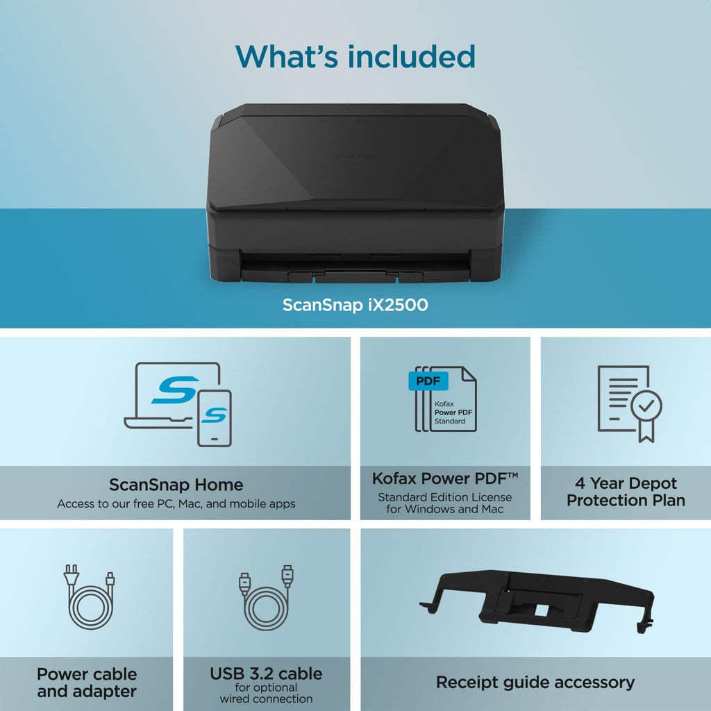 ScanSnap iX2500 Premium Wireless or USB High-Speed Cloud Enabled Document, Photo & Receipt Scanner with Large 5' Touchscreen for Mac or PC, Includes 4-Year Protection Plan
