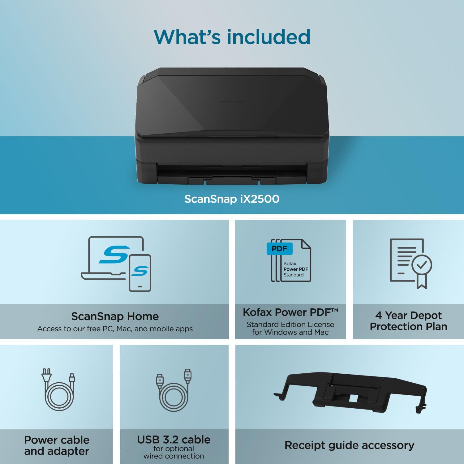 ScanSnap iX2500 Premium Wireless or USB High-Speed Cloud Enabled Document, Photo & Receipt Scanner with Large 5' Touchscreen for Mac or PC, Includes 4-Year Protection Plan