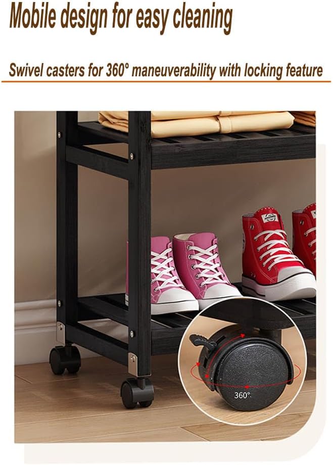 Black Clothing Rack with Wheels,Heavy duty clothes rack with 2-tier Bottom Shelves, Freestanding Garment Rack with 4 Side Hooks for Hanging Clothes, Coats, Shirts