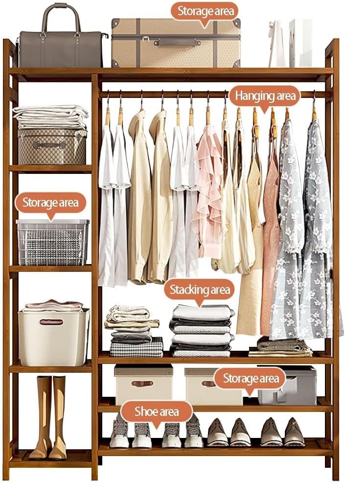 Bamboo Freestanding Clothes Rack with Hanging Rod 2 Shelves and Hooks Open Wardrobe nizer for Bedroom and Hallway Natural Wood Coat Garment Storage Stand