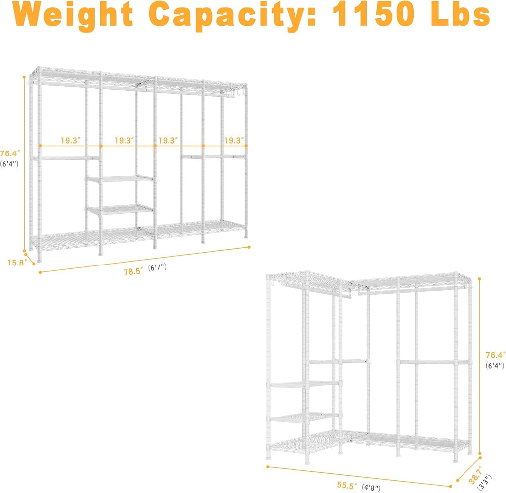 ULIFHOME H41 Garment Rack Heavy Duty Clothes Rack, Clothing Racks for Hanging Clothes, Extra Large Freestanding Portable Closet Wardrobe Rack 78.5'' W × 15.8'' D × 76.4'' H, Max Load 1150 Lbs, White