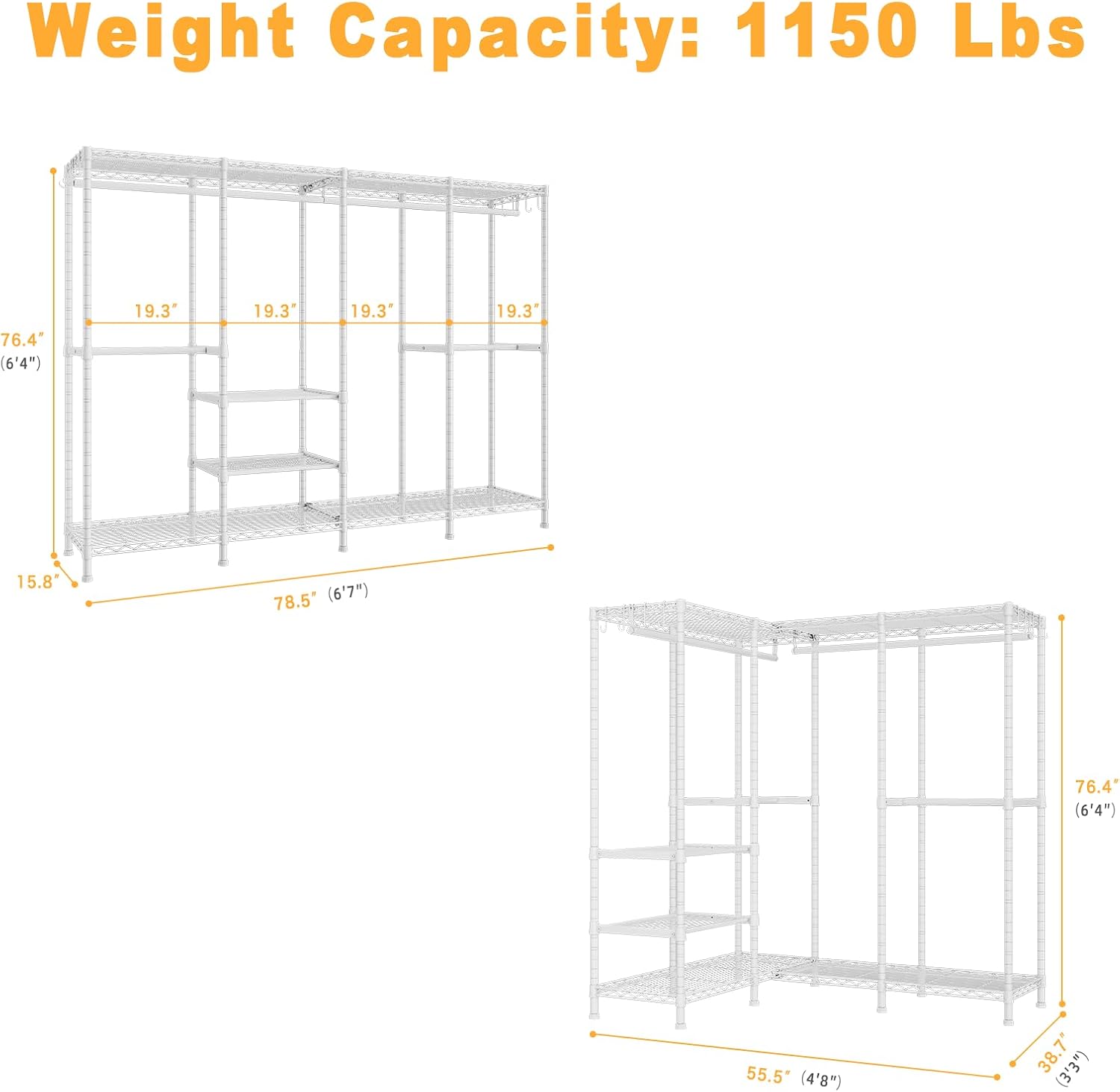 ULIFHOME H41 Garment Rack Heavy Duty Clothes Rack, Clothing Racks for Hanging Clothes, Extra Large Freestanding Portable Closet Wardrobe Rack 78.5'' W × 15.8'' D × 76.4'' H, Max Load 1150 Lbs, White