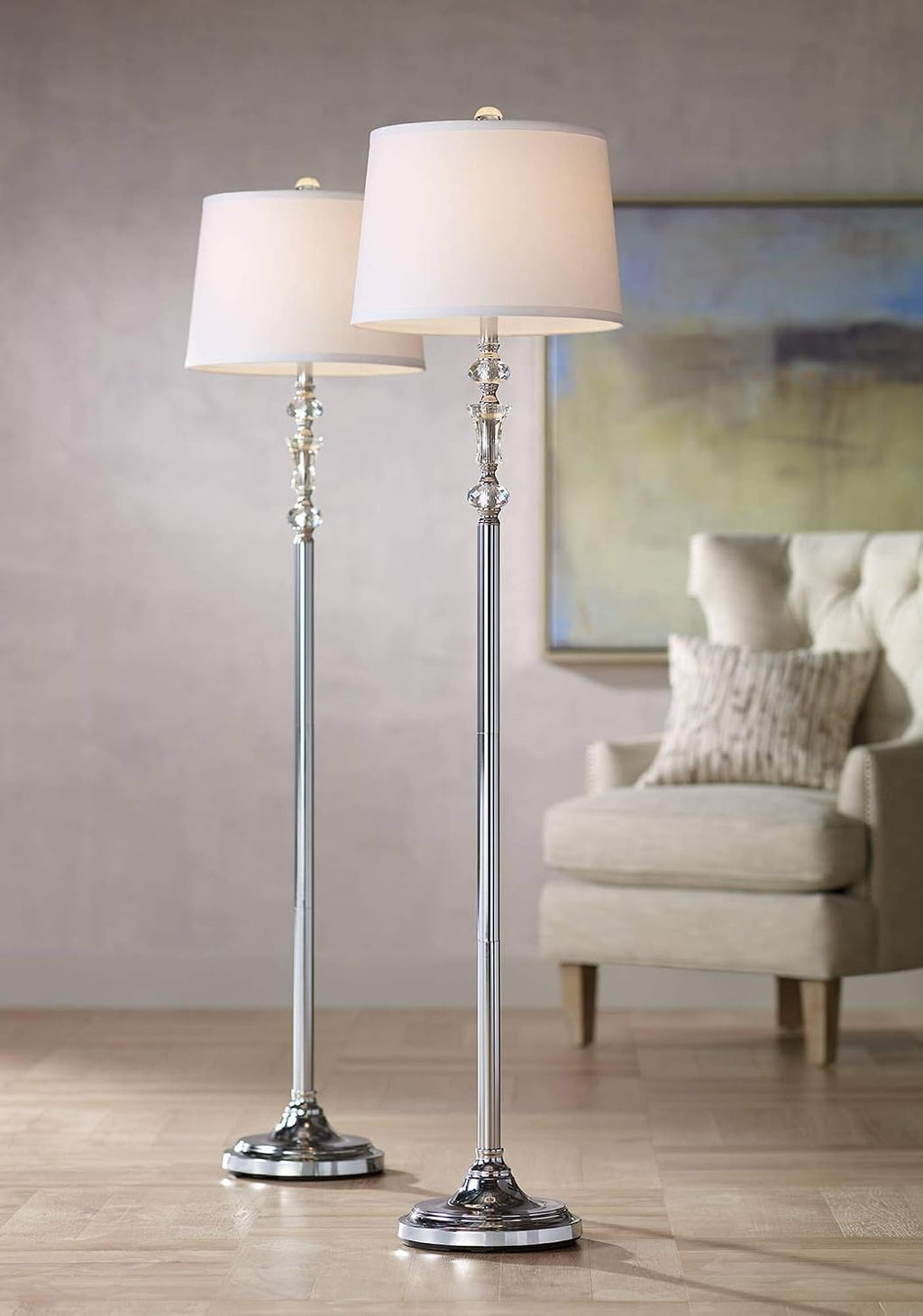 360 Lighting Montrose Glam Standing Floor Lamps 61' Tall Set of 2 Polished Steel Silver Crystal Glass White Fabric Drum Shade Decor for Living Room Reading House Bedroom Office