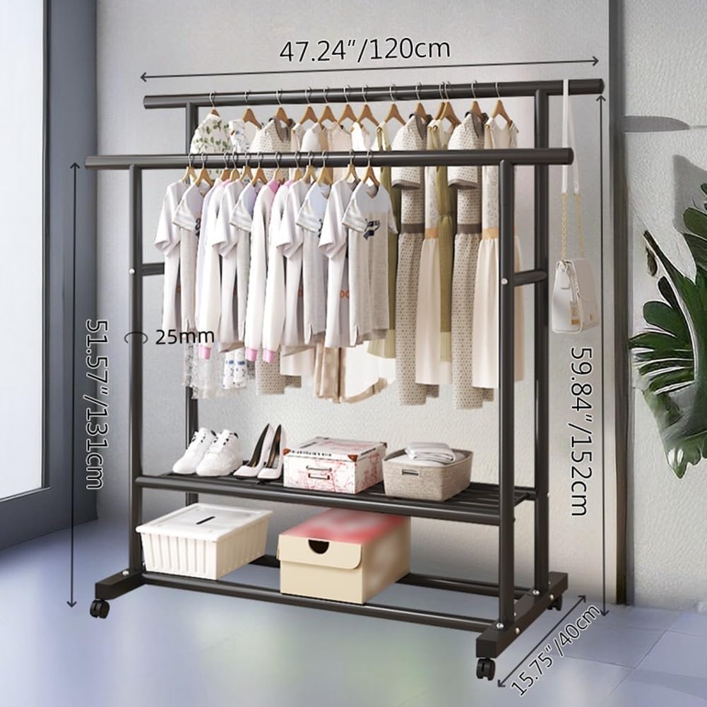 Freestanding Metal Bedroom Garment Rack with Wheels, Double Rods Multi-Functional Clothing Rack with Bottom Shelf, for Hanging Clothes, Coats, Skirts, Shirts, Sweaters(Black)