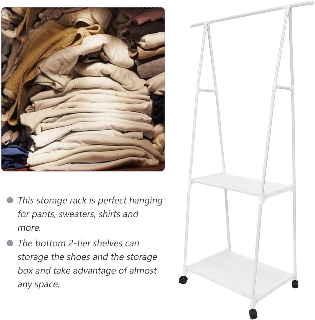 Floor Standing Garment Rack with Wheels Sturdy Clothes Organizer Shelf for Bedroom Storage White Iron Art Multifunctional Hanging Rack for Pants Sweaters Shirts Shoes Bags